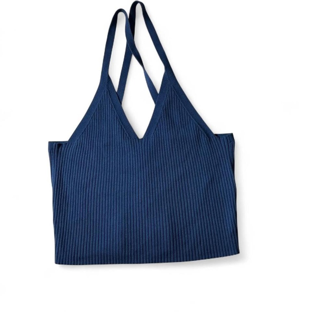 NEW Banana Republic Ribbed Knit Tank Top Women XL Blue V-Neck Strappy Minimalist